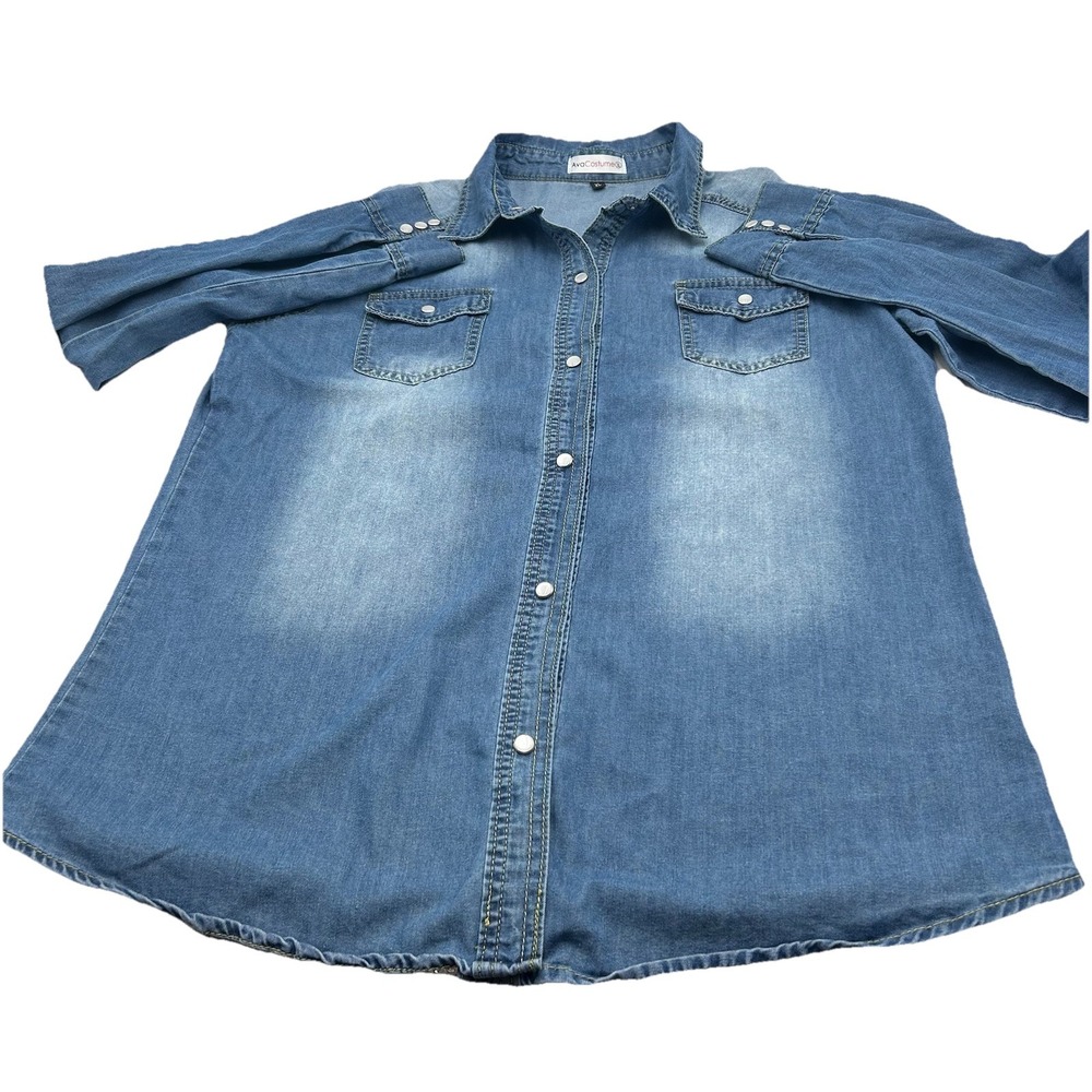 AVA COSTUME Women's X-Large Dark Blue Denim Long Sleeve Double Pockets Shirt - Picture 9 of 11